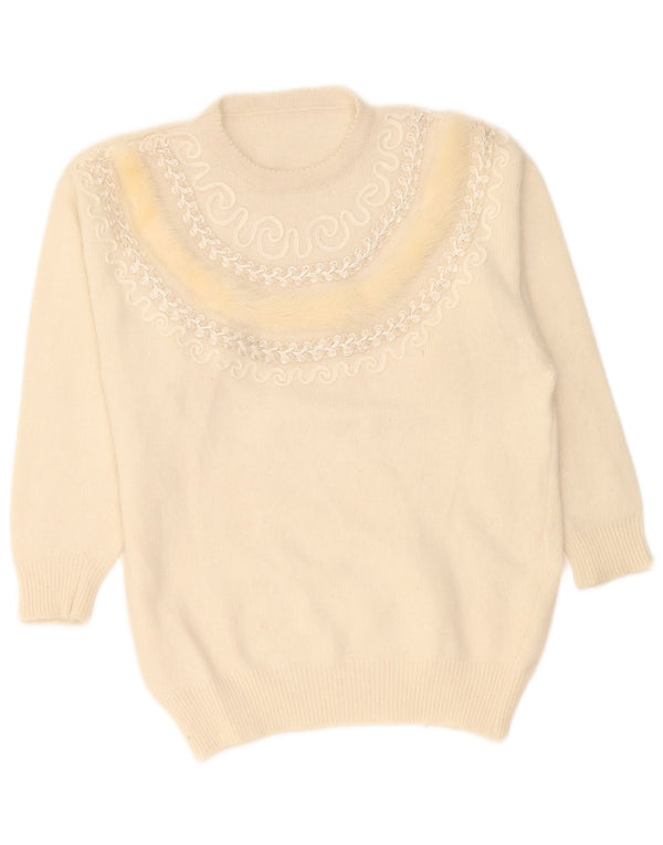 Vintage dame sweater med rund hals DK 16 Stor Off White Paisley Wool