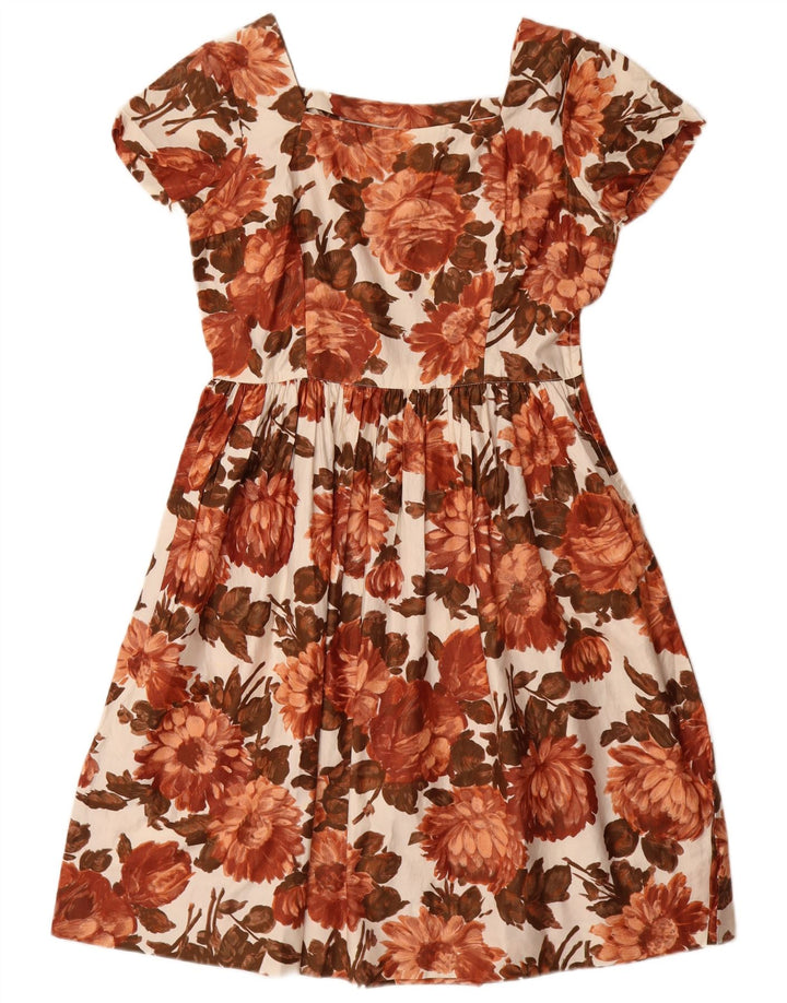 VINTAGE Dame A-Line Kjole UK 12 Medium Brown Floral