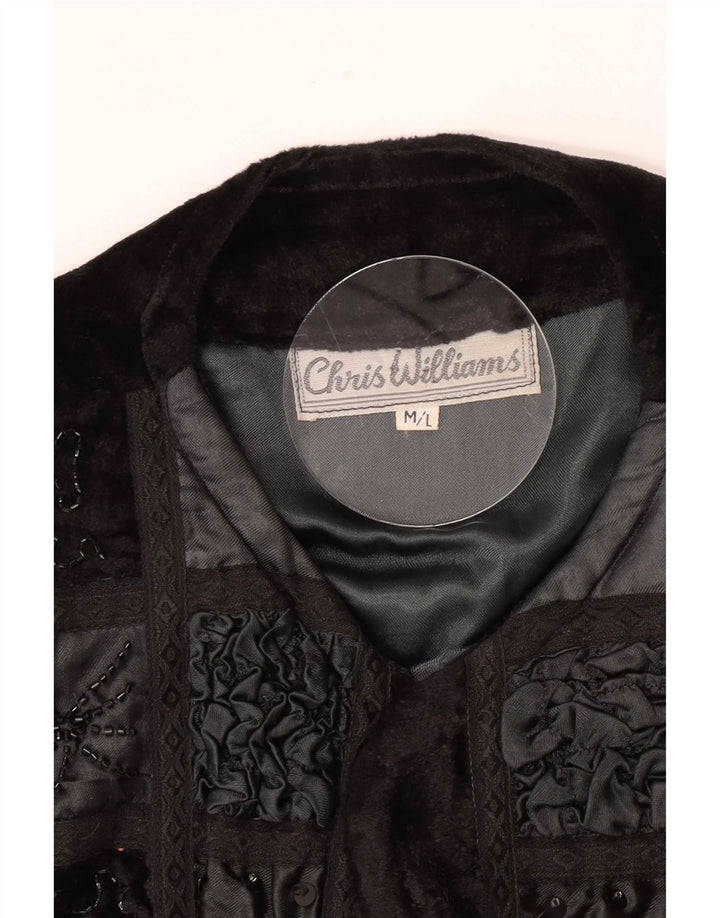 Vintage Kvinder Velvet Bolero Jacket UK 12 Medium Black Patchwork