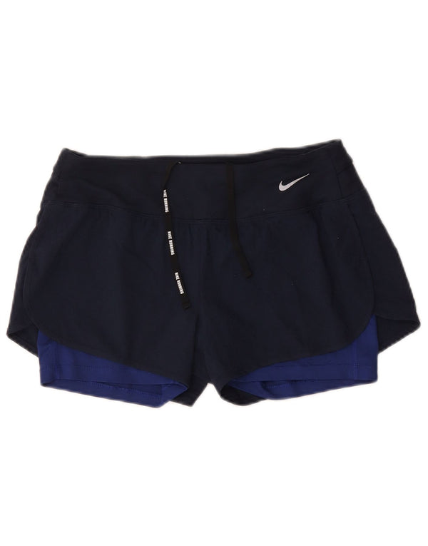 Nike Dame Dri Fit Sports Shorts UK 10 Small Navy Blue Colourblock