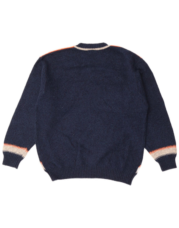 Vintage herre rund hals sweater stor marineblå colourblock uld