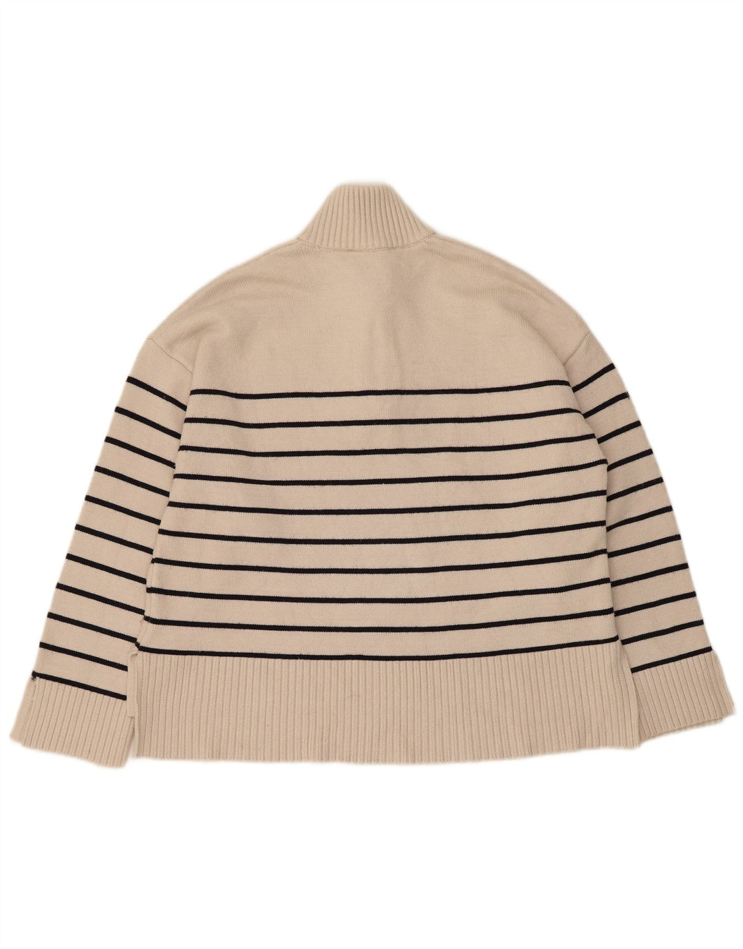 Zara Dame Oversized Zip Neck Jumper Sweater UK 10 Small Beige Striped