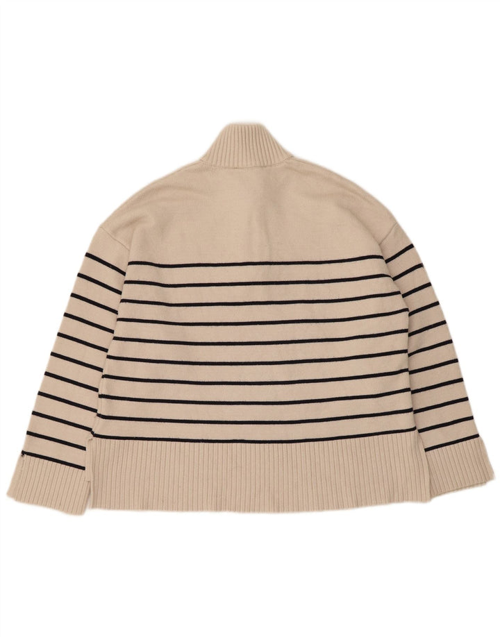 Zara Dame Oversized Zip Neck Jumper Sweater UK 10 Small Beige Striped