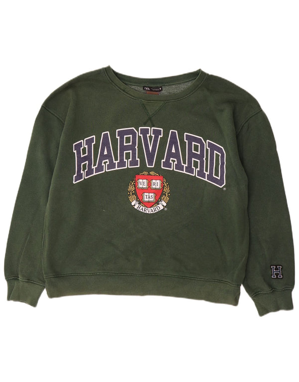 ZARA Dame Harvard Oversized Grafisk Sweatshirt Jumper UK 14 Medium Grøn