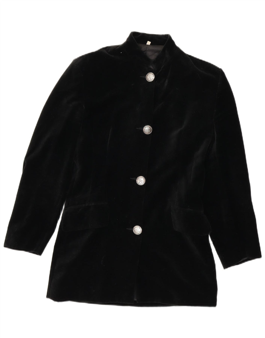 Vintage Dame Velvet 4 Button Blazer Jacket UK 12 Medium Black Bomuld