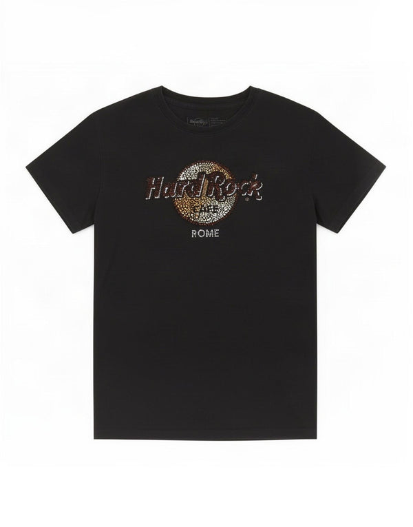 Hard Rock Cafe Dame Rom Grafisk T-Shirt Top UK 12 Medium Sort Bomuld