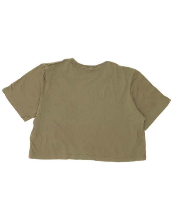 Adidas Dame Crop Grafisk T-Shirt Top UK 12/14 Medium Khaki Bomuld