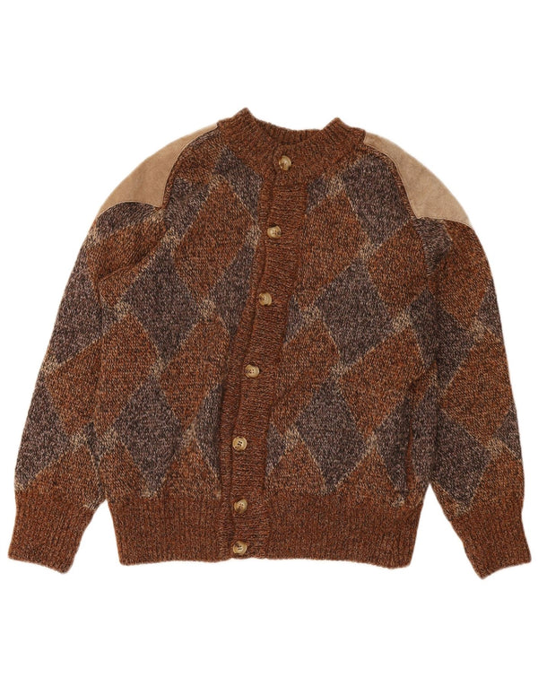 Vintage Mens Cardigan Sweater Medium Brown Argyle/Diamond