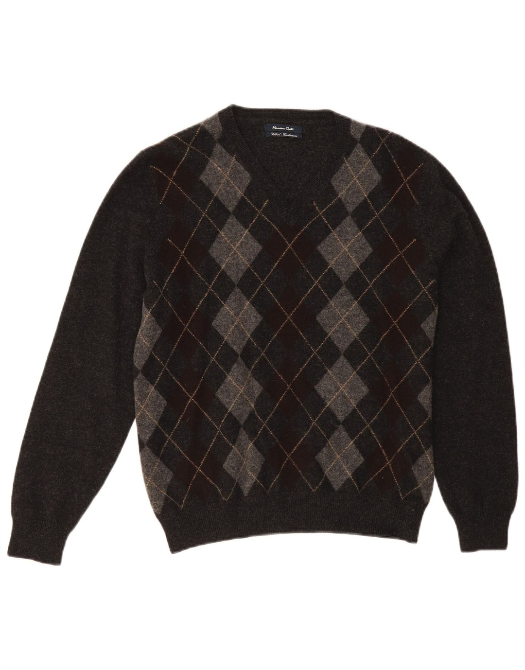 Massimo Dutti Herre V-hals sweater Medium Grey Argyle/Diamond Wool