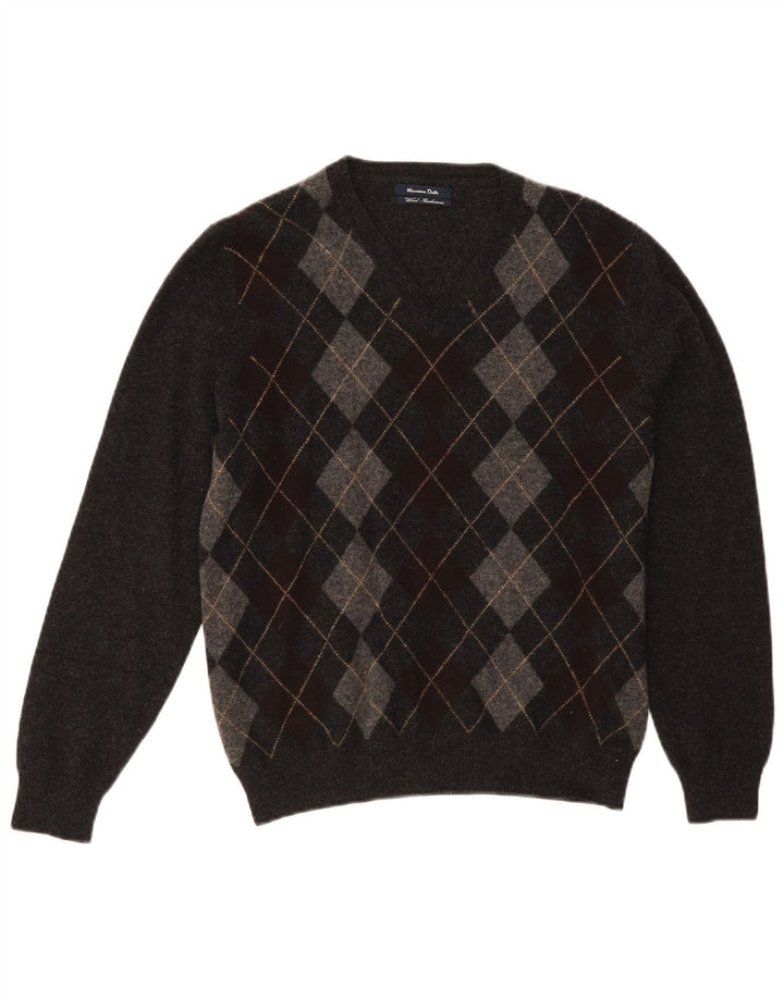 Massimo Dutti Herre V-hals sweater Medium Grey Argyle/Diamond Wool