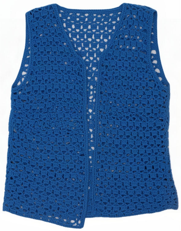 Vintage kvinder hæklet ærmeløs cardigan top UK 18 XL Blå