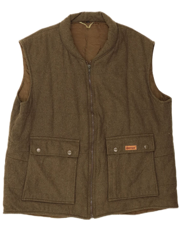 Vintage Herre Quiltet Gilet UK 40 Stor Khaki Virgin Wool