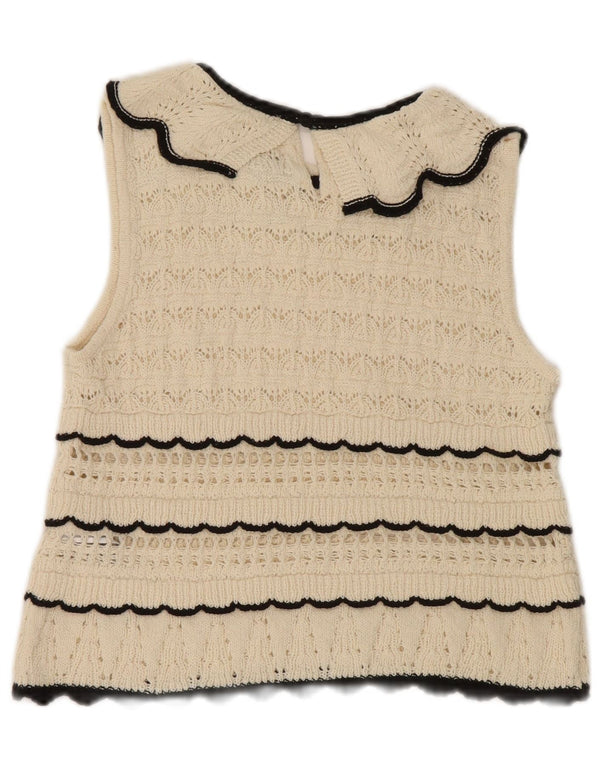 Zara Womens Crop Ærmeløs strik bluse Top UK 12 Medium Off White Stribet