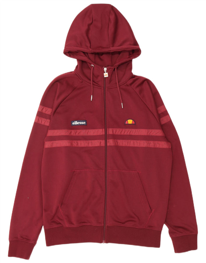 ELLESSE Mens Zip Hoodie Sweater XL Maroon Striped Polyester