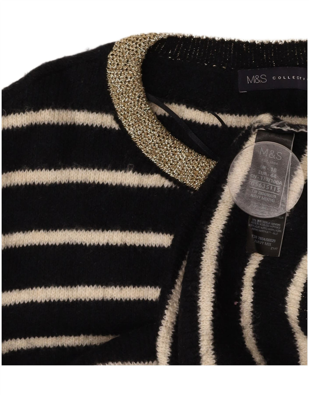 MARKS & SPENCER Dame sweater med rund hals DK 16 Stor sort stribet