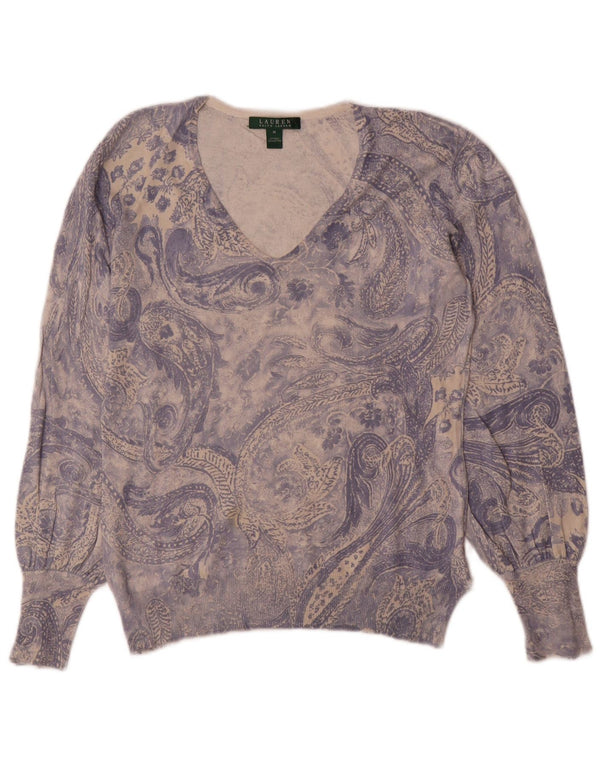 Ralph Lauren Dame V-hals sweater UK 12 Medium Blue Paisley Silk