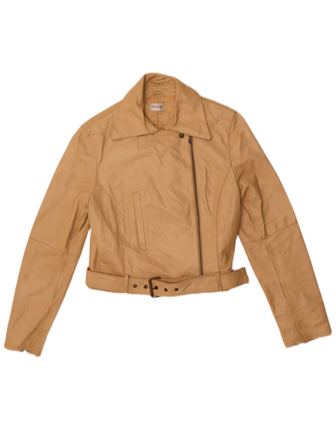 MOTIVI Dame Biker Læderjakke UK 8 Small Beige Læder