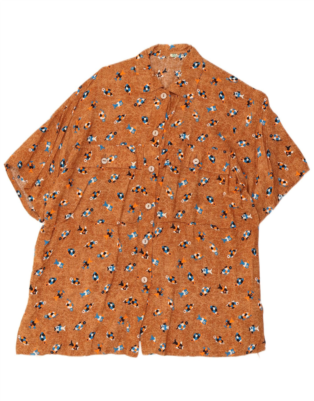 Vintage kvinders oversized abstrakt mønster bluse UK 10 Small Brown