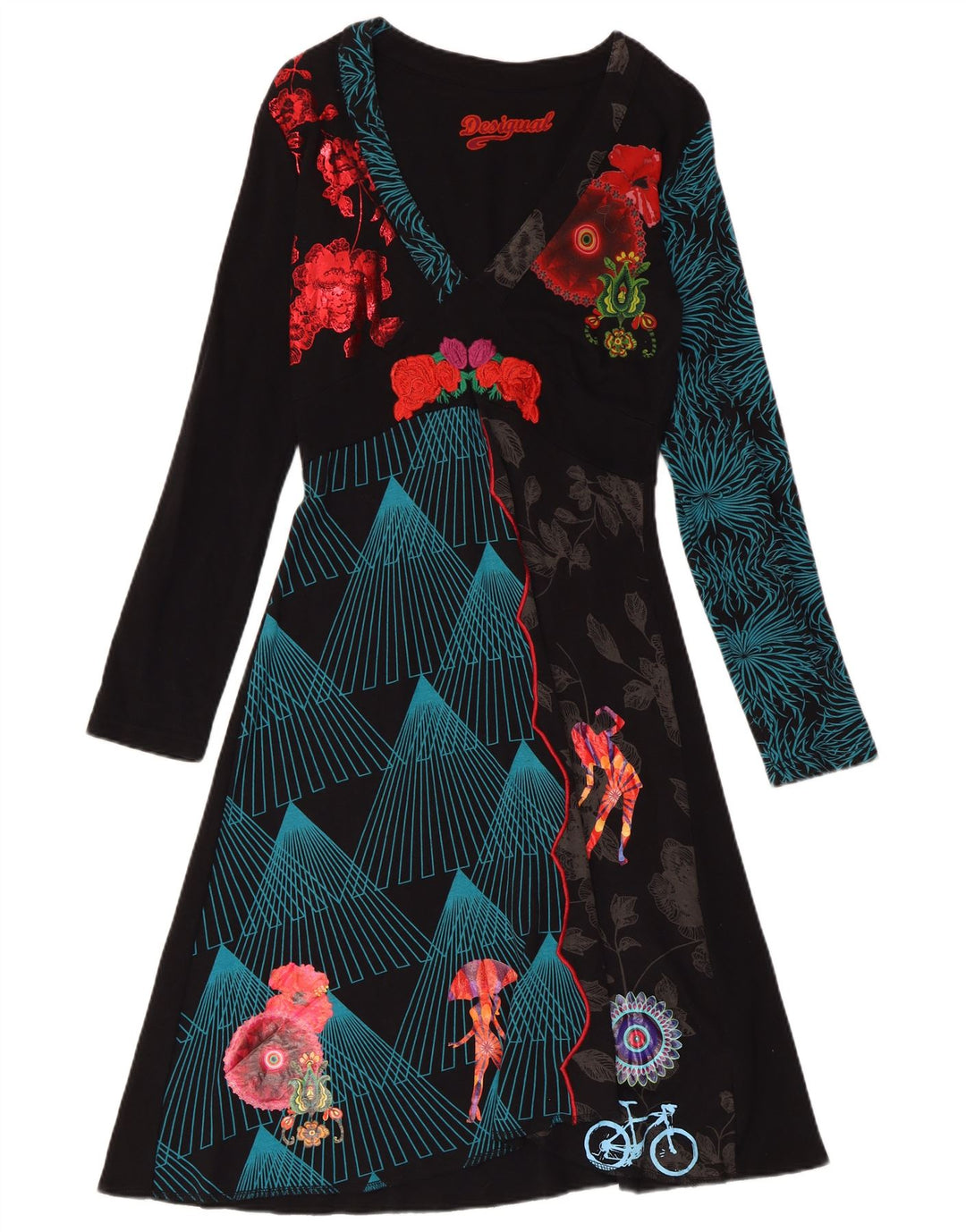 DESIGUAL Kvinder grafisk langærmet A-line kjole UK 18 XL sort blomster