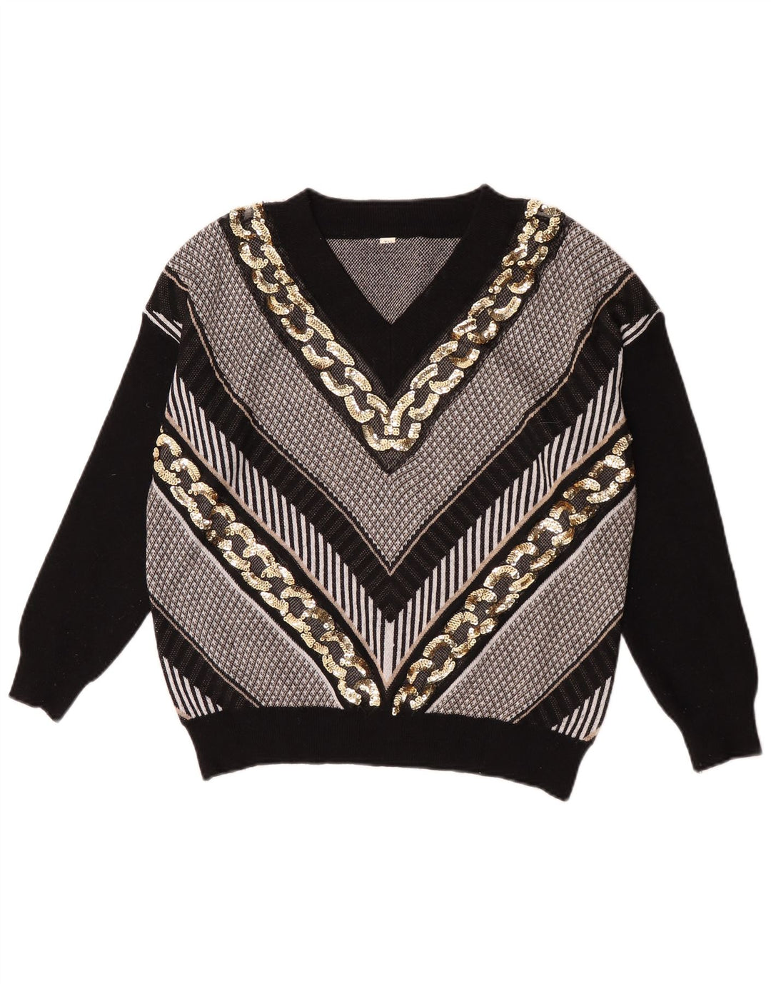 Vintage dame V-hals sweater UK 14 Stor sort stribet polyester