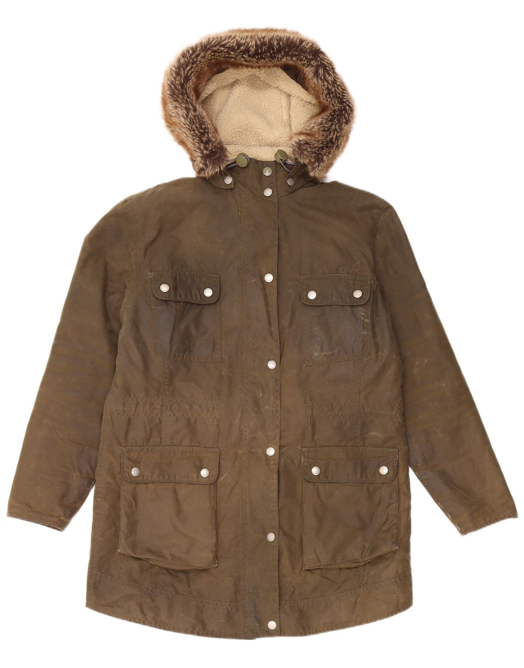 Barbour Dame Hætte Vokset Bomuldsjakke UK 12 Medium Khaki Bomuld