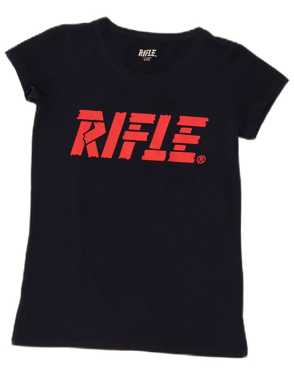 Rifle Dame Grafisk T-Shirt Top UK 12 Medium Navy Blue Bomuld