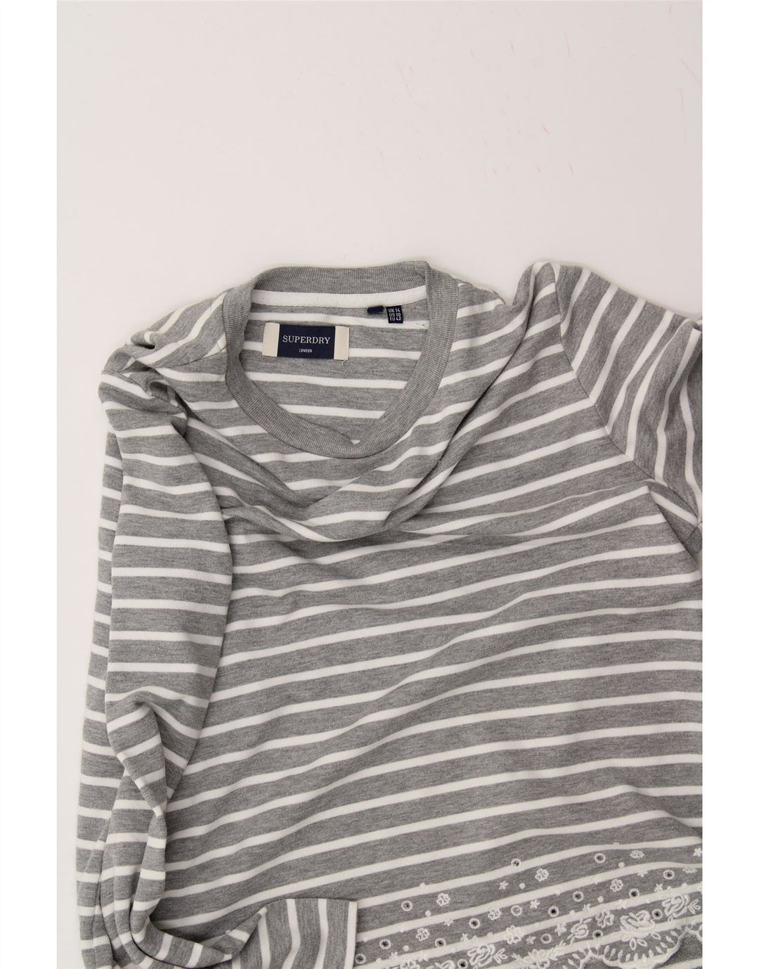 SUPERDRY Womens Crew Neck Jumper Sweater UK 14 Medium Grey Striped Vintage Superdry and Second-Hand Superdry from Messina Hembry 