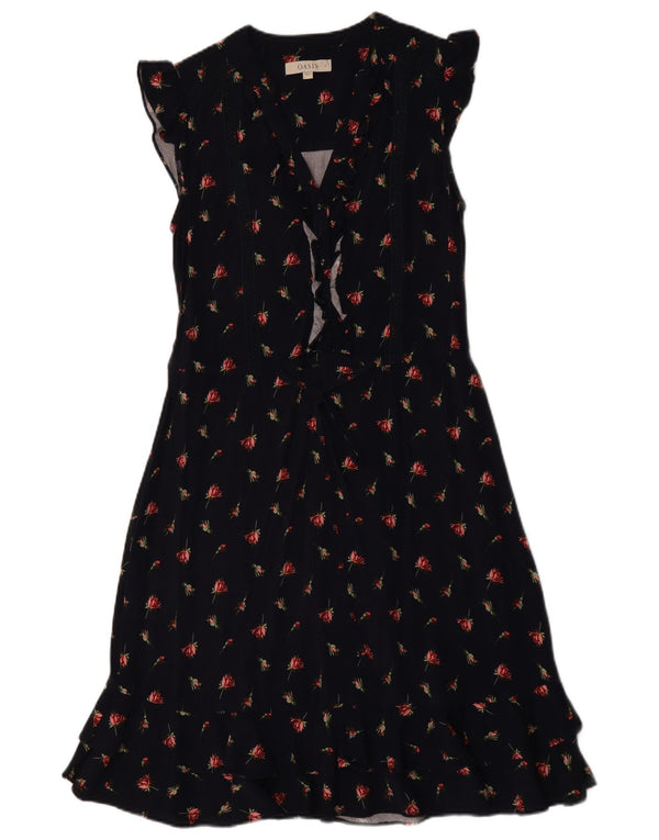 Oasis Womens Ruffle A-Line Kjole UK 8 Small Black Floral Cotton
