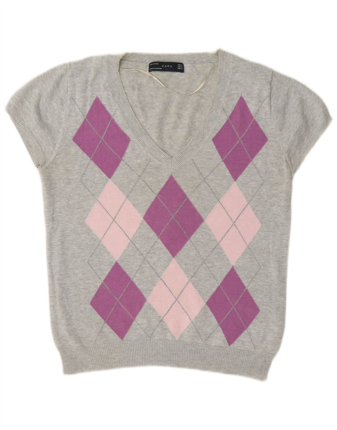 Zara Dame V-hals sweater UK 12 Medium Grey Argyle/Diamond