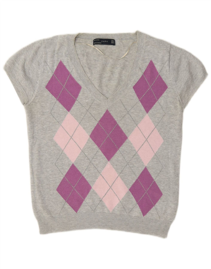 Zara Dame V-hals sweater UK 12 Medium Grey Argyle/Diamond