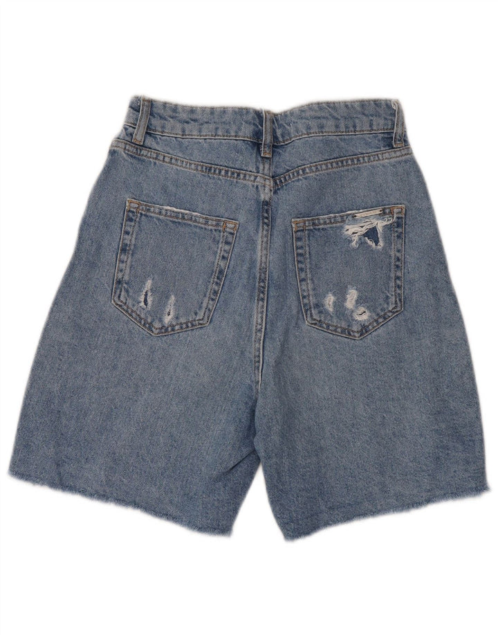 Zara Dame High Waist Distressed Denim Shorts EU 32 2XS W22 Blå