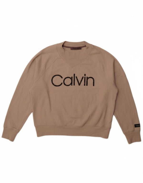 Calvin Klein Dame Grafisk Sweatshirt Jumper UK 16 Stor Beige Bomuld