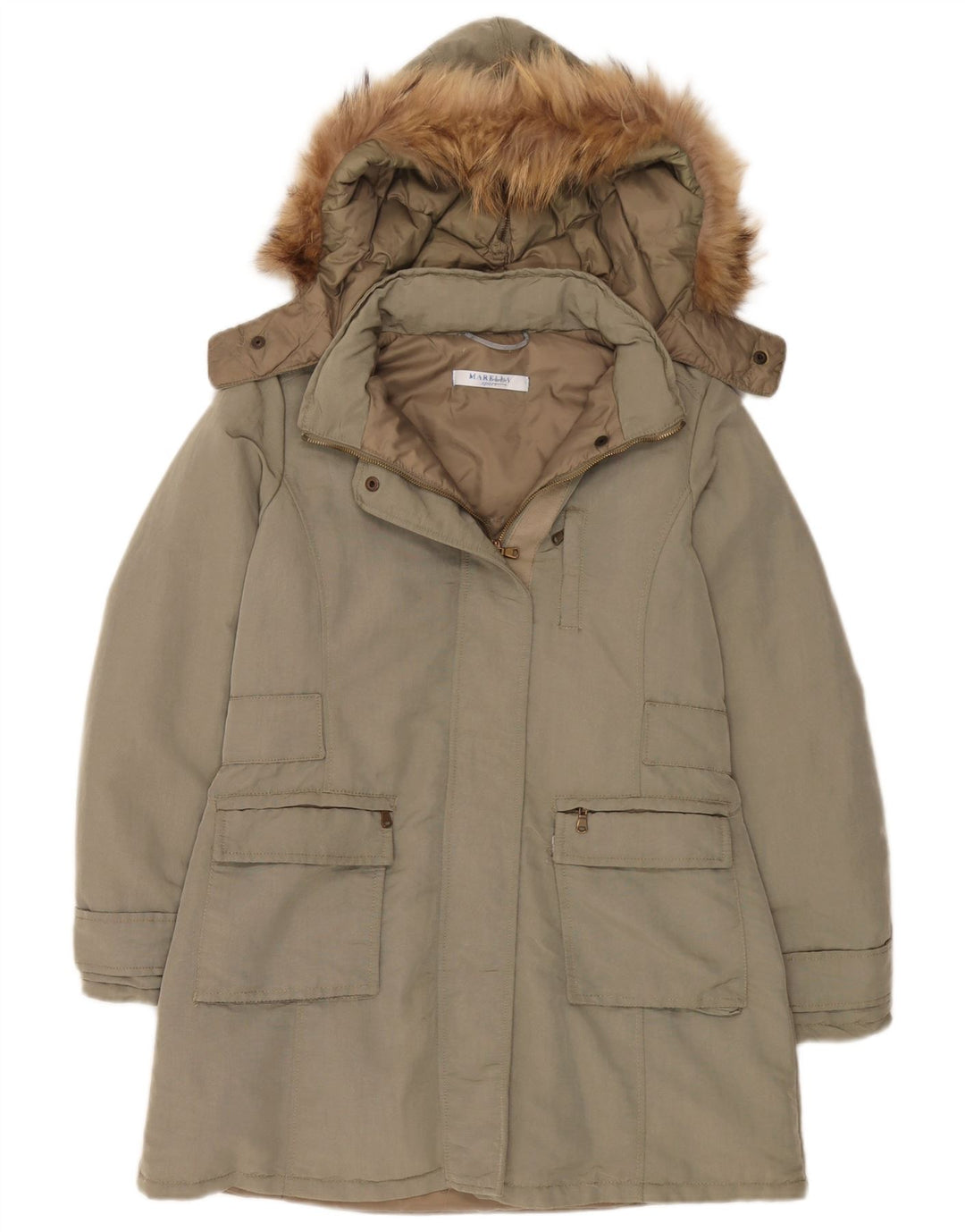 Marella Dame Hætte Oversized Polstret Frakke UK 8 Small Khaki Polyamid