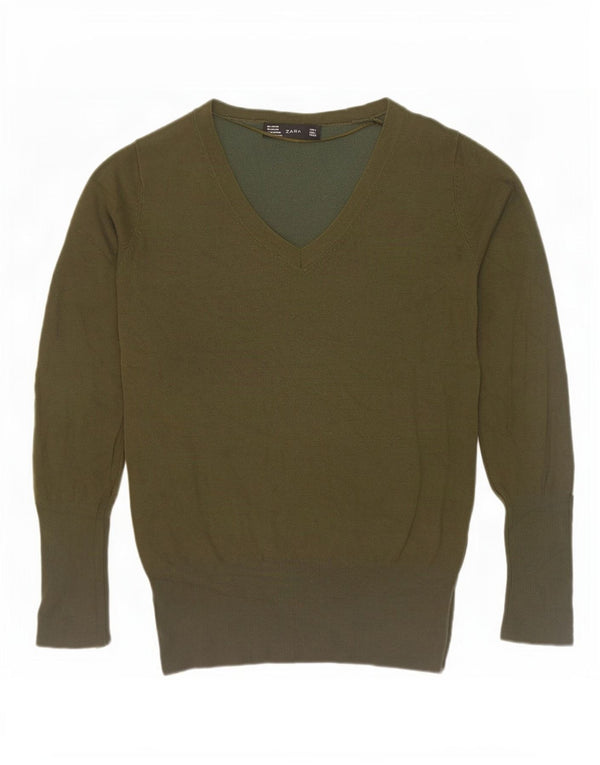 Zara Dame V-hals sweater UK 14 Stor Khaki Rayon
