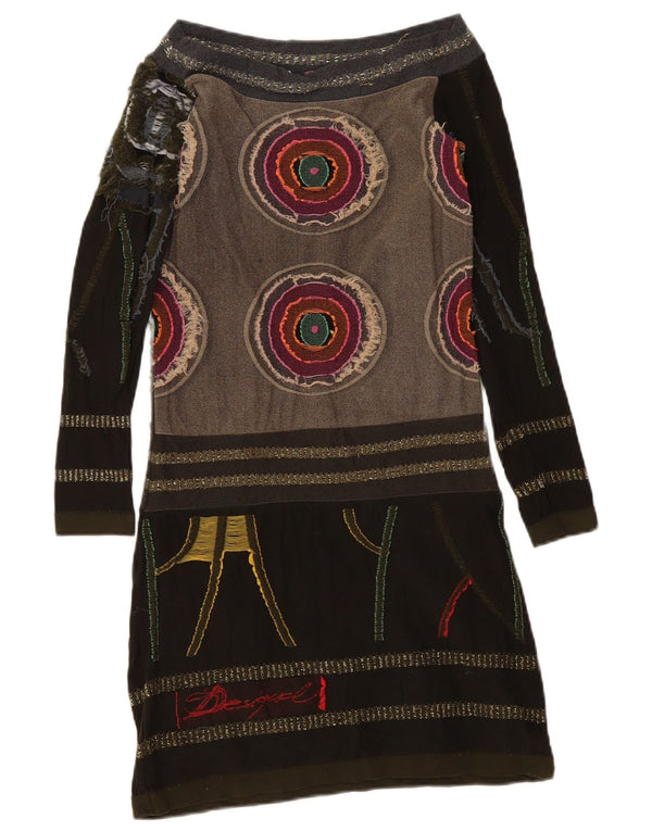 Desigual Kvinders Grafisk Off Shoulder Kjole UK 8 Small Khaki Geometric