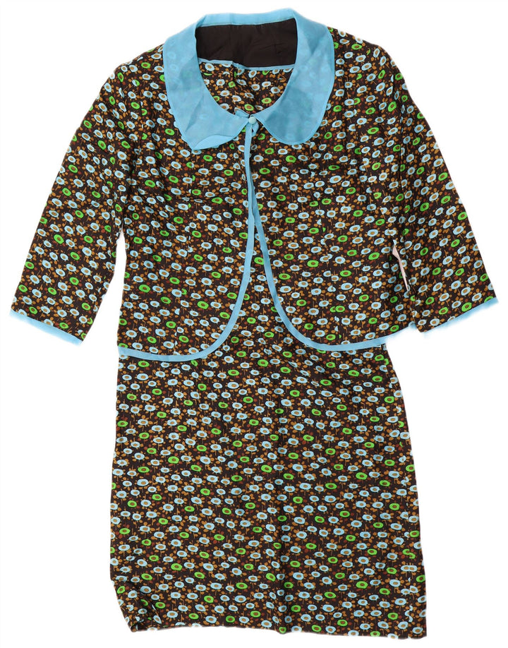 VINTAGE Kvinder 3/4 ærmer 2-delt sæt UK 14 Medium Black Floral