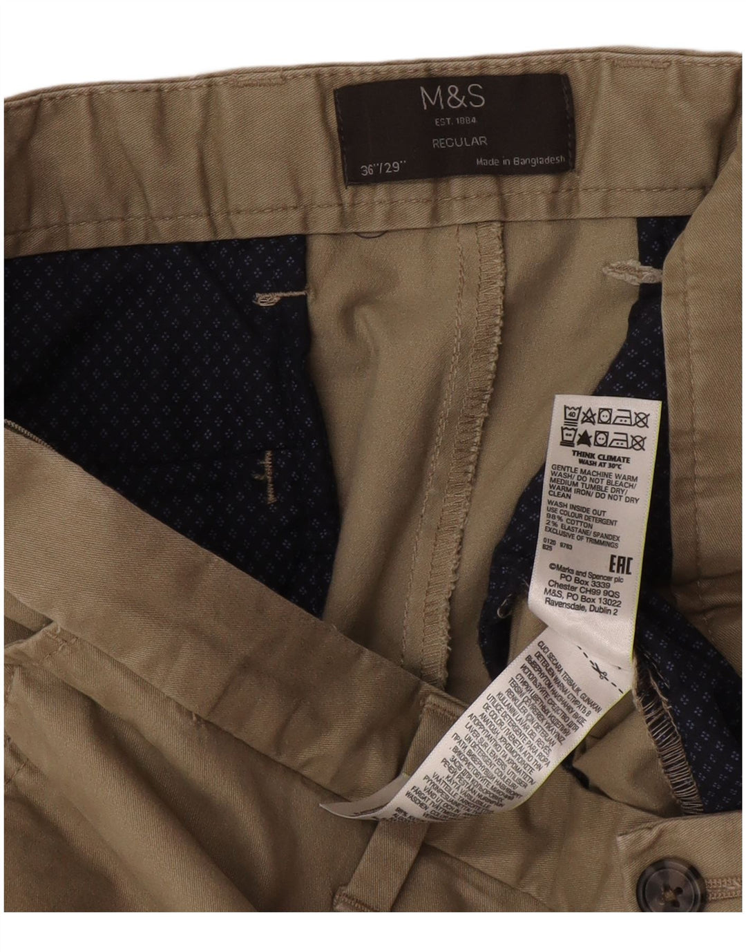Marks & Spencer Herre Regular Straight Chino Bukser W36 L29 Beige Bomuld