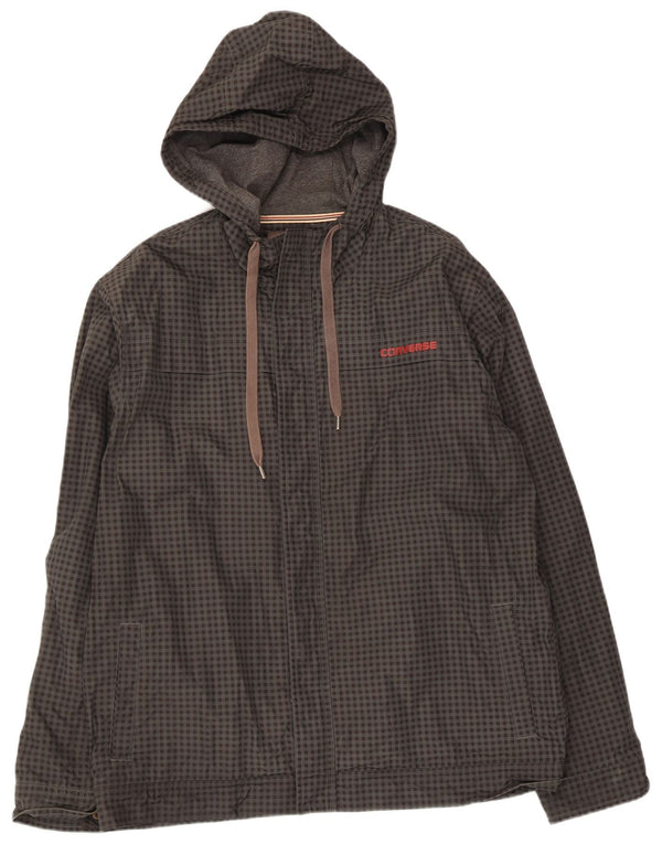Converse Mens Hooded Windbreaker Jacket UK 42 XL Grey Gingham Polyester
