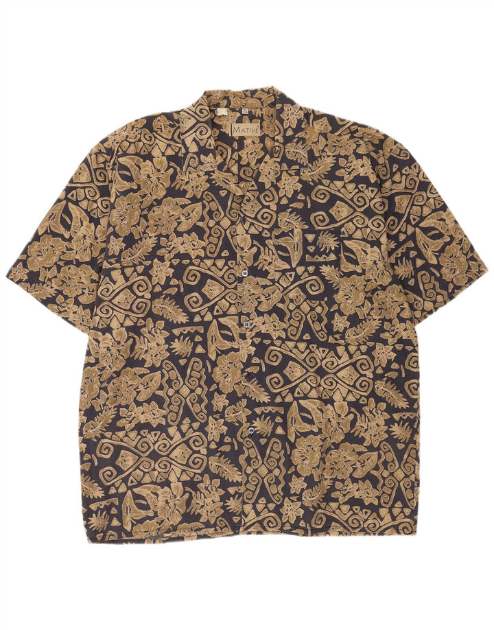 Vintage kortærmet herreskjorte XL Beige geometrisk polyester