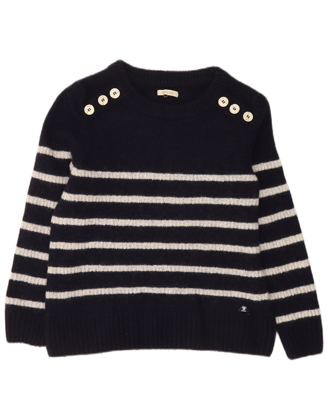 Barbour Dame Boat Neck Jumper Sweater UK 14 Mellem marineblå stribet uld