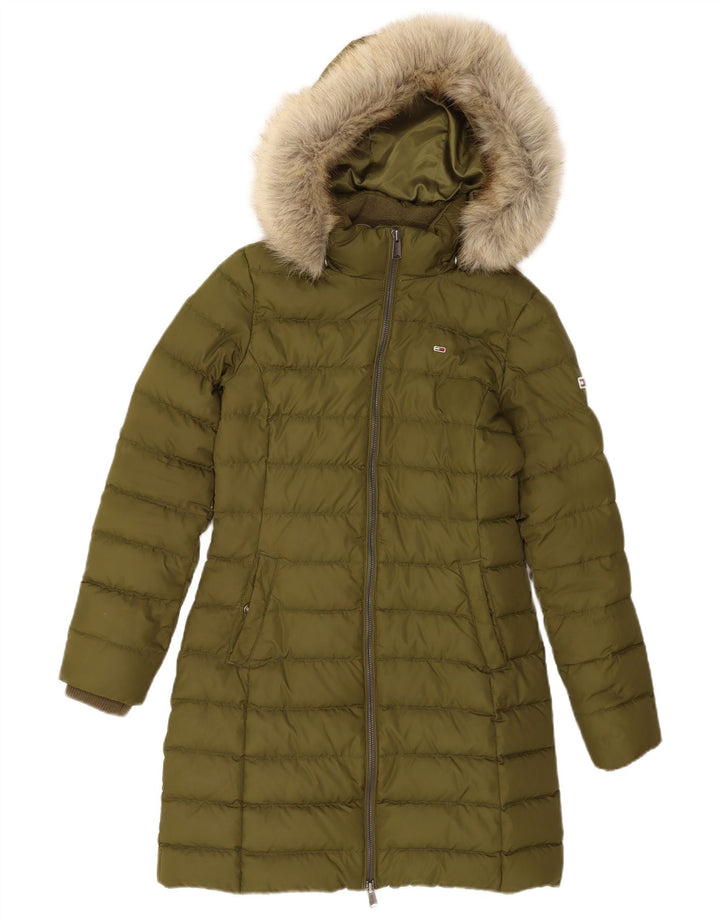 Tommy Hilfiger Dame Hætte Polstret Frakke UK 10 Lille Grøn Polyester