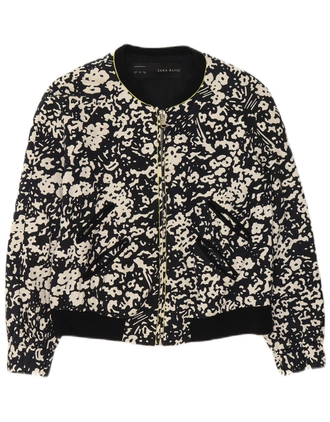 Zara Womens Full Zip Bomber Jacket UK 14 Medium Black Floral Bomuld