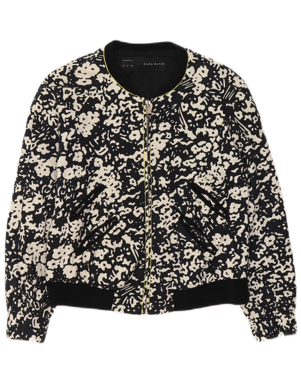 Zara Womens Full Zip Bomber Jacket UK 14 Medium Black Floral Bomuld