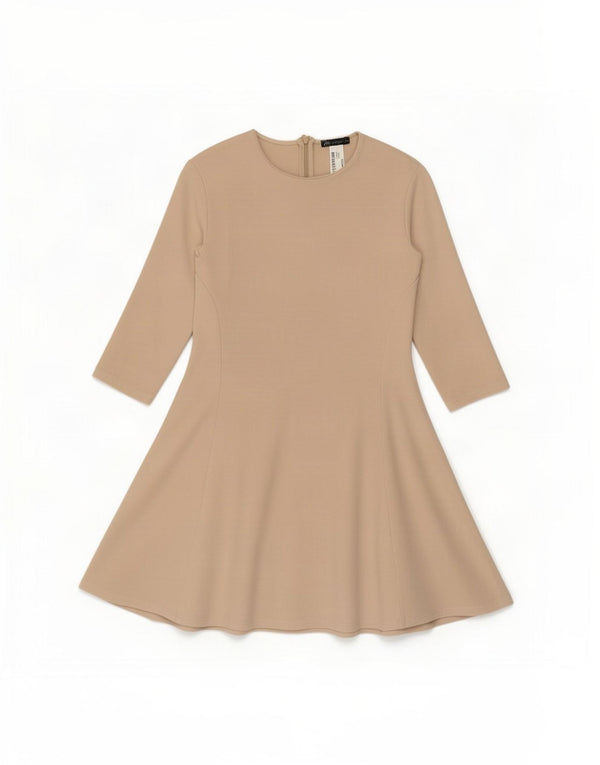 Zara Dame 3/4 ærmet A-line kjole UK 12 Medium Beige Bomuld