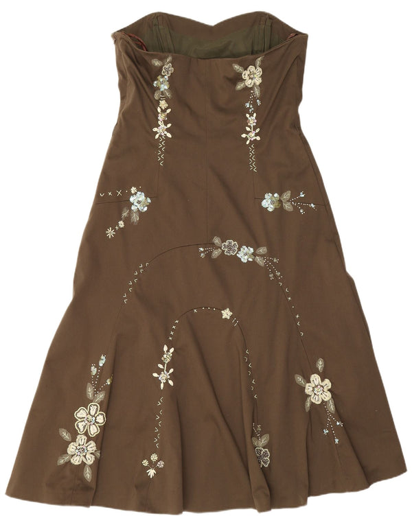 Coast Womens Strapless Dress UK 10 Small Khaki Floral Cotton