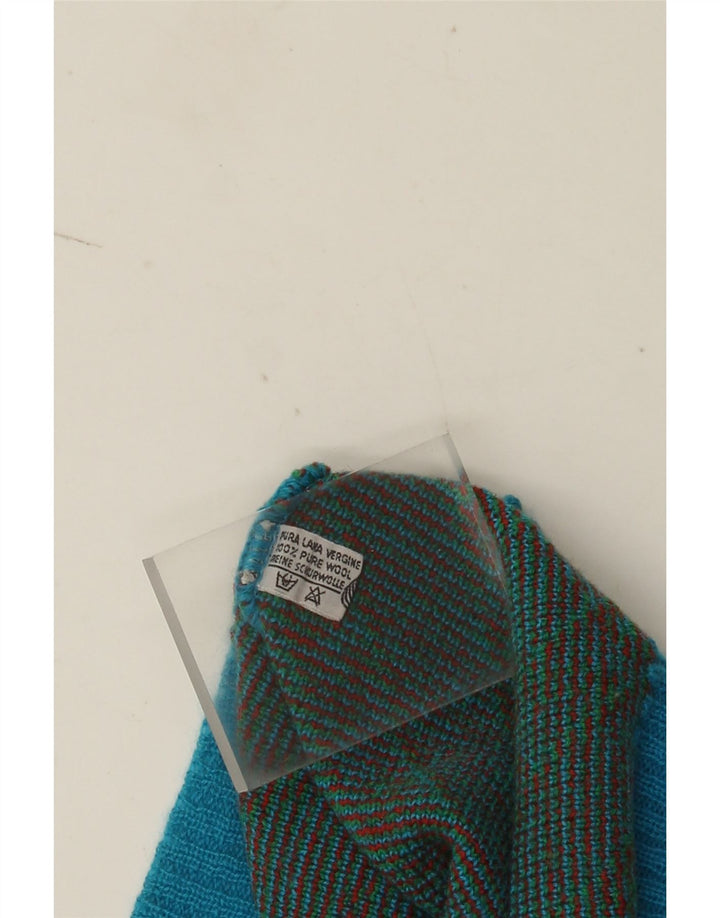 Vintage herre V-hals sweater stor blå geometrisk uld