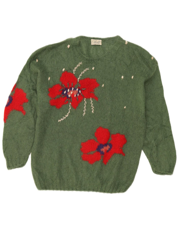Vintage Kvinders Grafisk Boat Neck Jumper Sweater UK 20 2XL Grøn Blomster