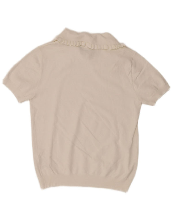 Benetton Dame Kortærmet Polo Neck Jumper Sweater UK 6 XS Hvid Bomuld