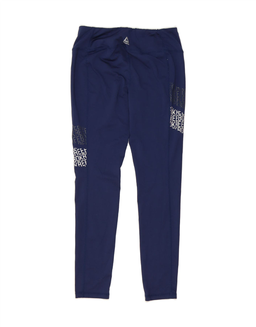 REEBOK Womens Graphic Leggings UK 14 Medium  Navy Blue Polyester Vintage Reebok and Second-Hand Reebok from Messina Hembry 