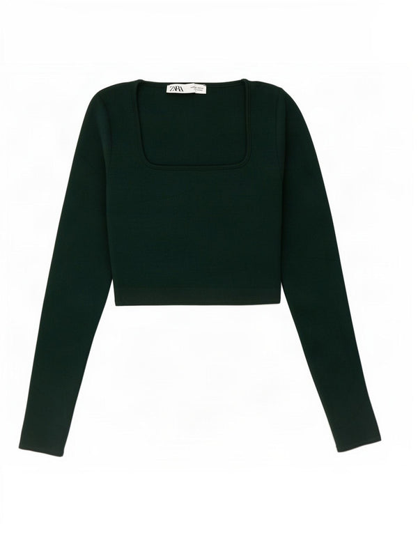 Zara Dame Crop Top Langærmet UK 8 Lille Grøn